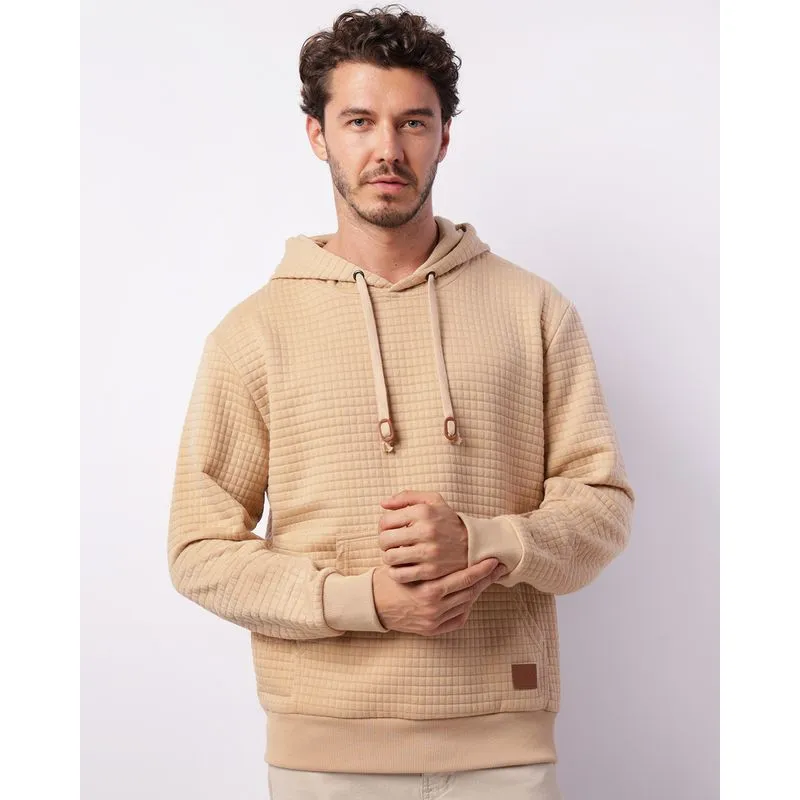 Blusão Moletom Masculino Texturizado Com Capuz Bolso Bege P