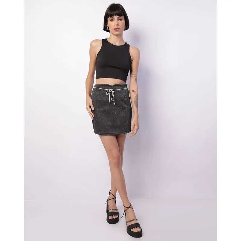 Saia Feminina Curta Lurex Cordão Strass Preta M