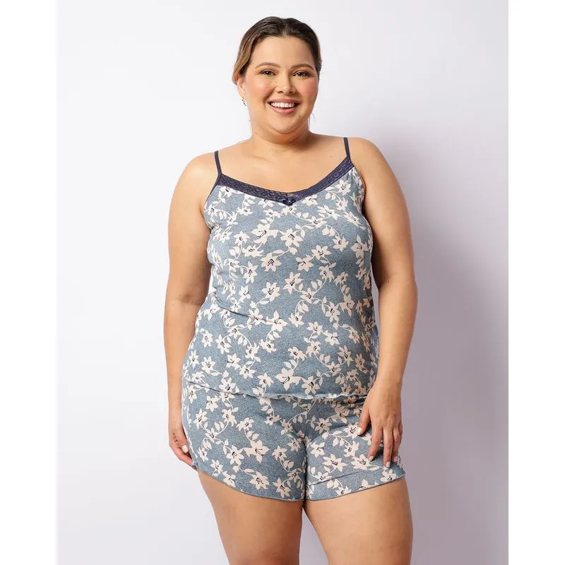 Short Doll Plus Size Feminino Liganete Estampado Azul 48
