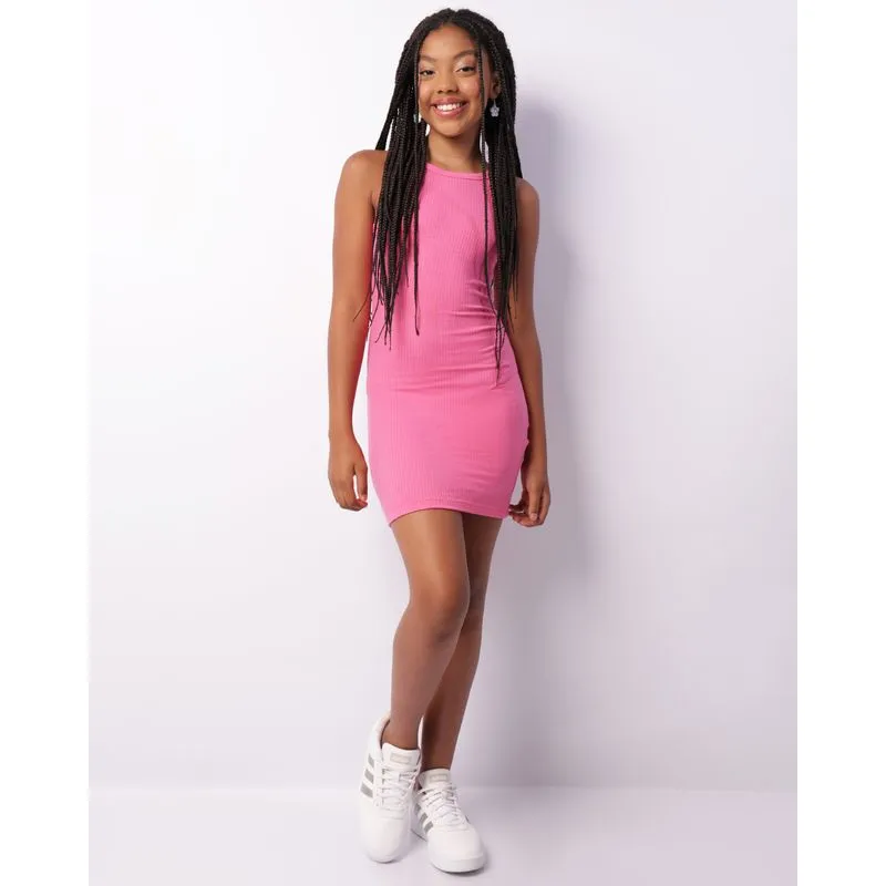 Vestido Juvenil Curto Canelado Cava Americana Rosa 16