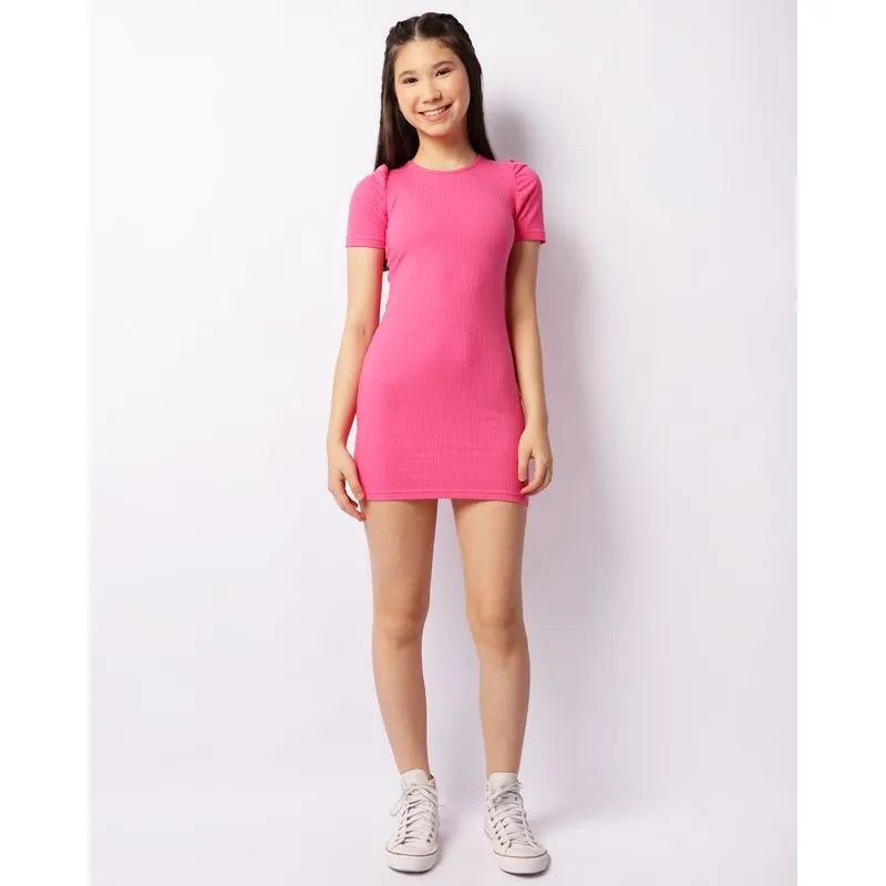 Vestido Juvenil Canelado Curto Manga Bufante Rosa 12