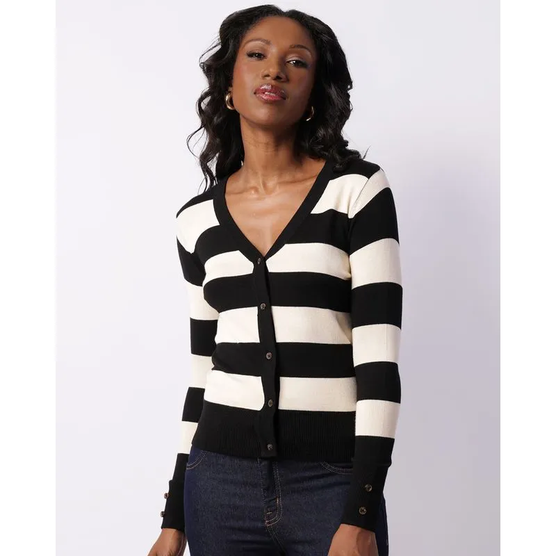 Cardigan Feminino Tricô Com Botões Listrado Preto M