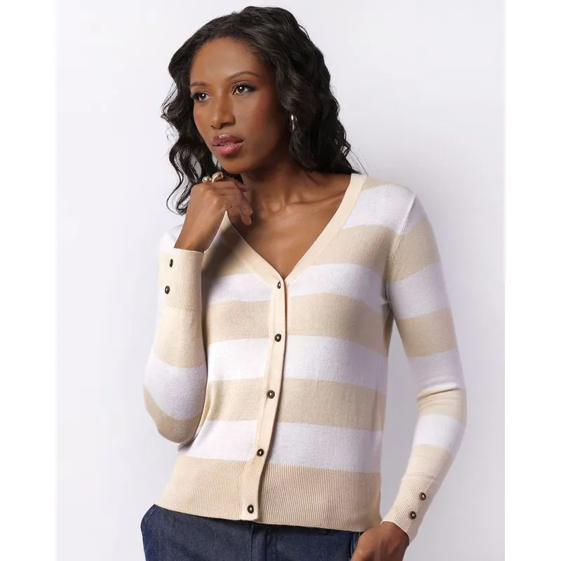 Cardigan Feminino Tricô Com Botões Listrado Bege P