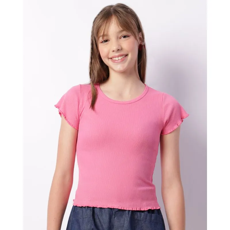 Blusa Juvenil Manga Curta Canelada Frufru Rosa 10