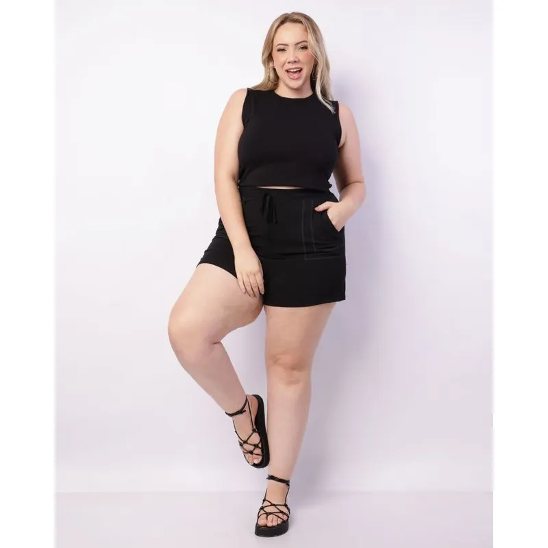 Short Plus Size Feminino Curto Viscose Detalhe Pesponto Preto G3