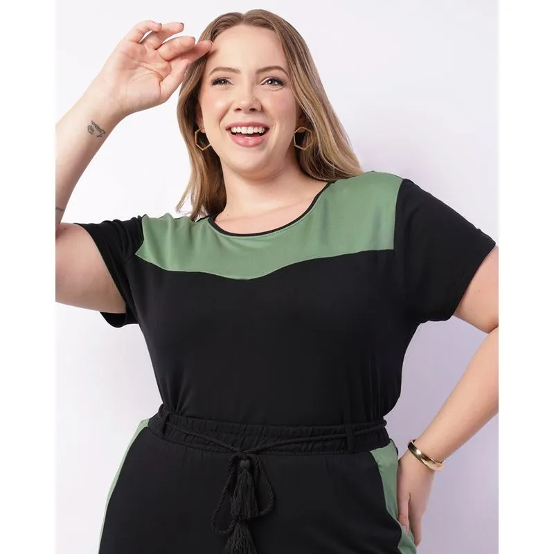 Blusa Plus Size Feminina Viscose Com Recorte Preta G2