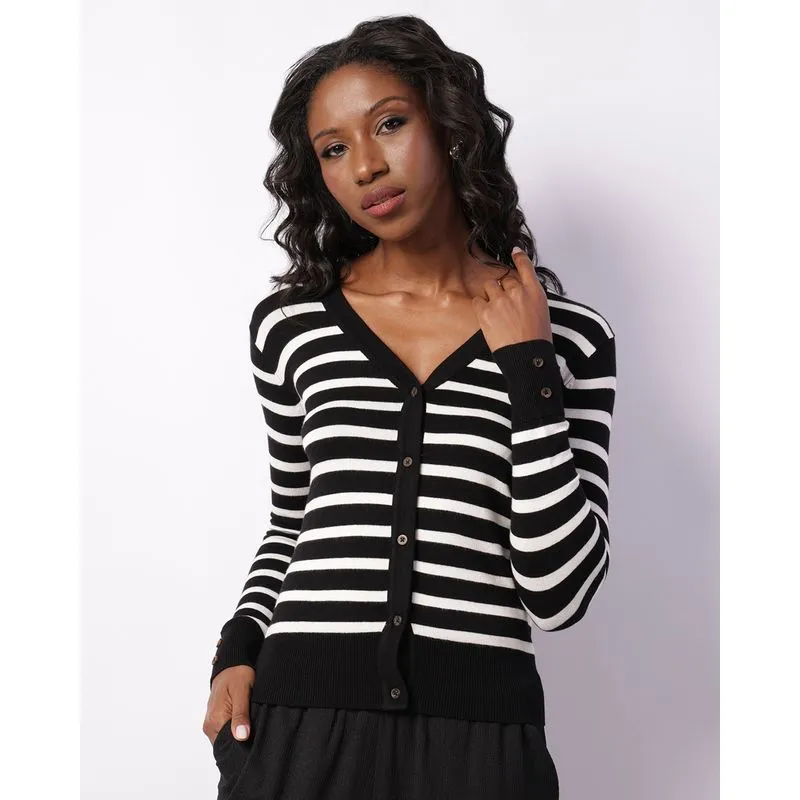 Cardigan Feminina Tricô Manga Longa Listrada Preta GG