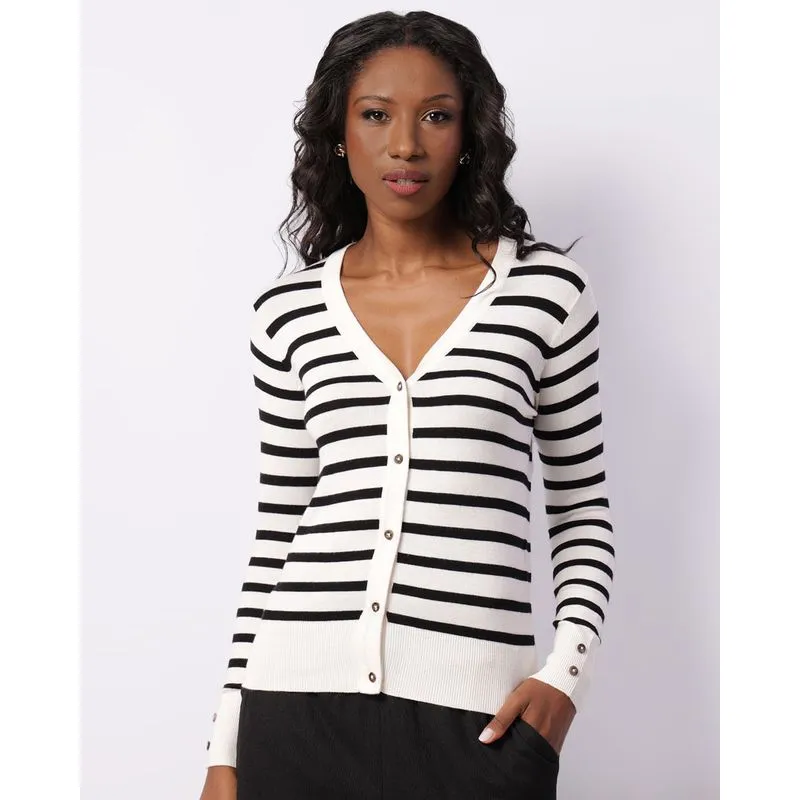 Cardigan Feminina Tricô Manga Longa Listrada Off White G