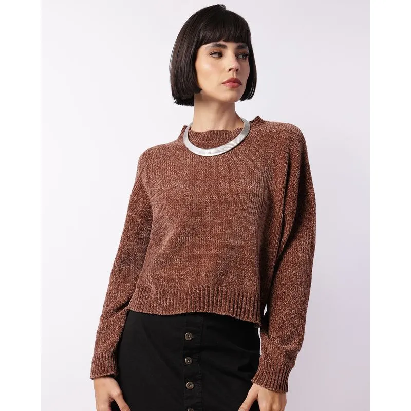 Suéter Feminino Tricô Chenille Texturizado Marrom G