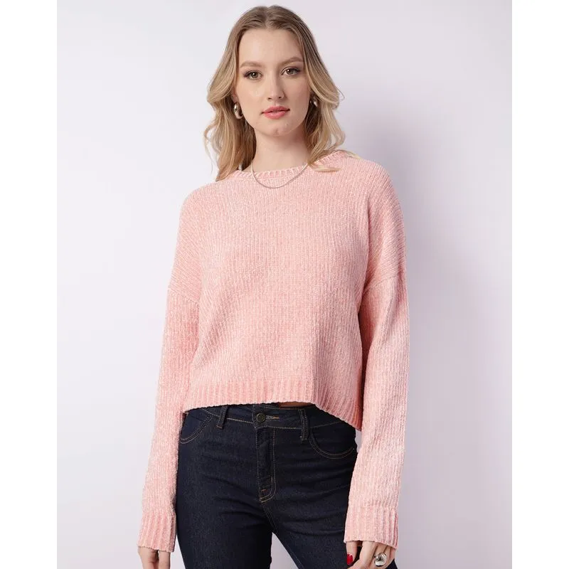 Suéter Feminino Tricô Chenille Manga Longa Rosa P