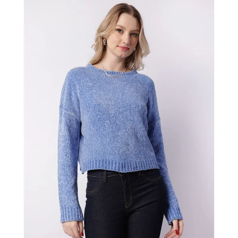 Suéter Feminino Tricô Chenille Manga Longa Azul P
