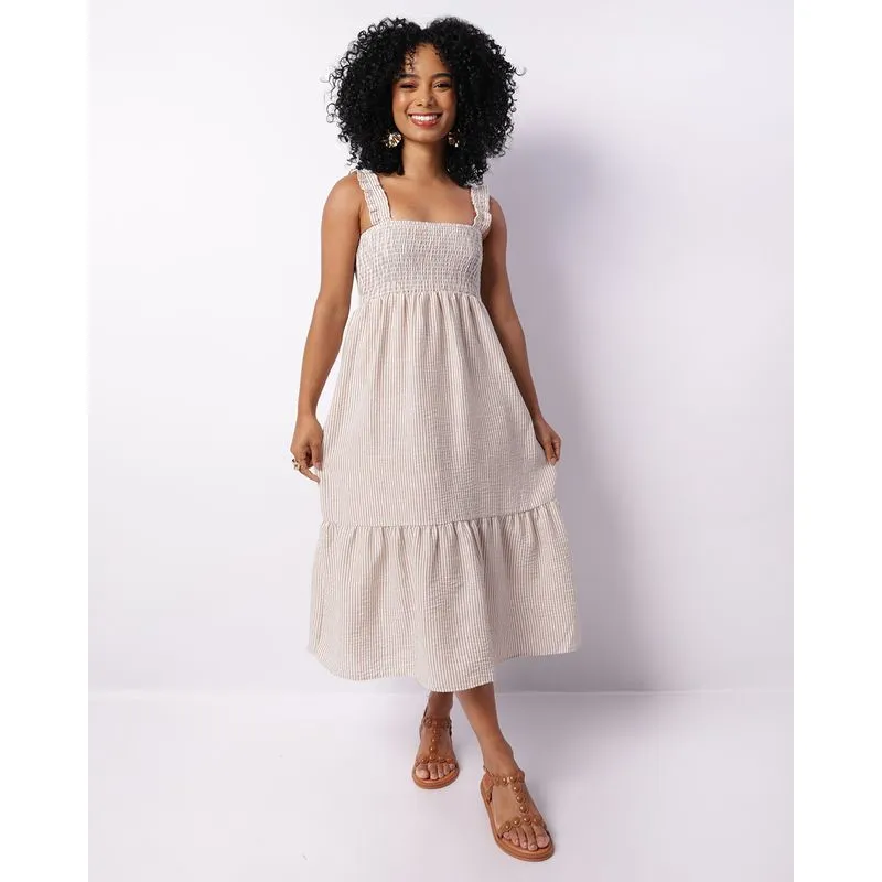 Vestido Feminino Midi Berry & Co. Lastex Listrado Bege M