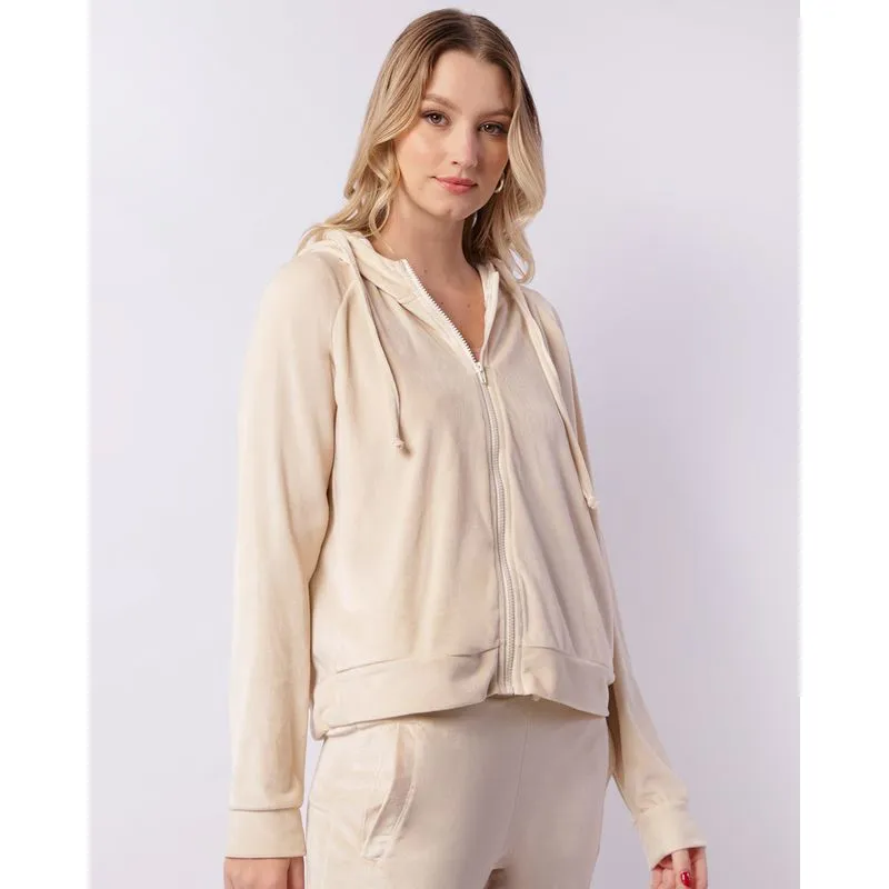 Jaqueta Feminina Plush Com Capuz Zíper Bege GG
