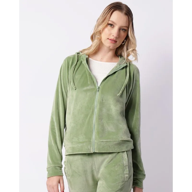Jaqueta Feminina Plush Com Capuz Verde GG