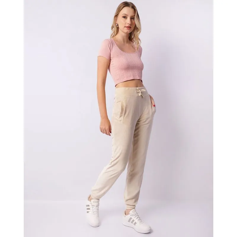 Calça Feminina Jogger Plush Com Cordão Bolsos Bege G