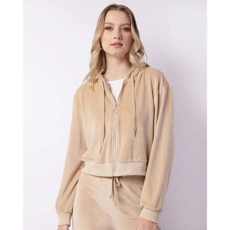 Jaqueta Feminina Plush Com Capuz Cordão Bordado Bege M
