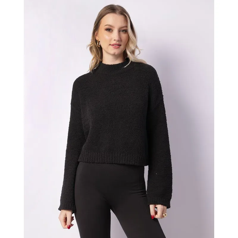 Suéter Feminino Tricô Chenille Curto Manga Longa Preto GG