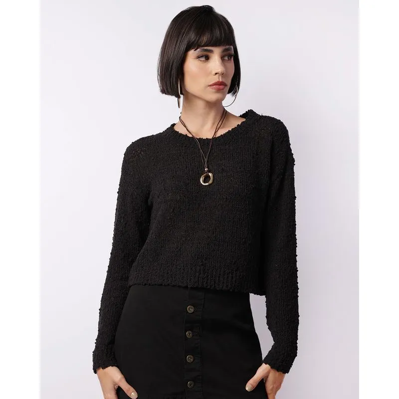 Suéter Feminino Tricô Cropped Manga Longa Preto G