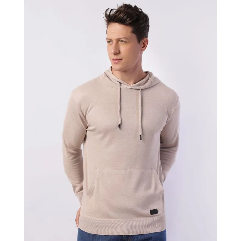 Blusão Masculino Tricô com Capuz Bolso Canguru Bege GG
