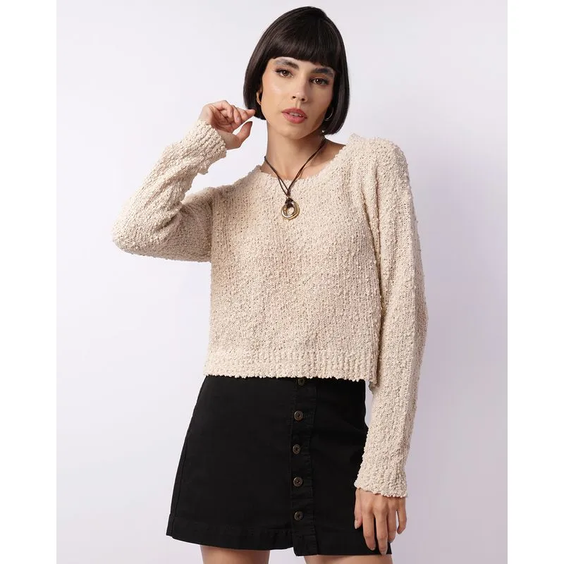 Suéter Feminino Tricô Cropped Manga Longa Bege M
