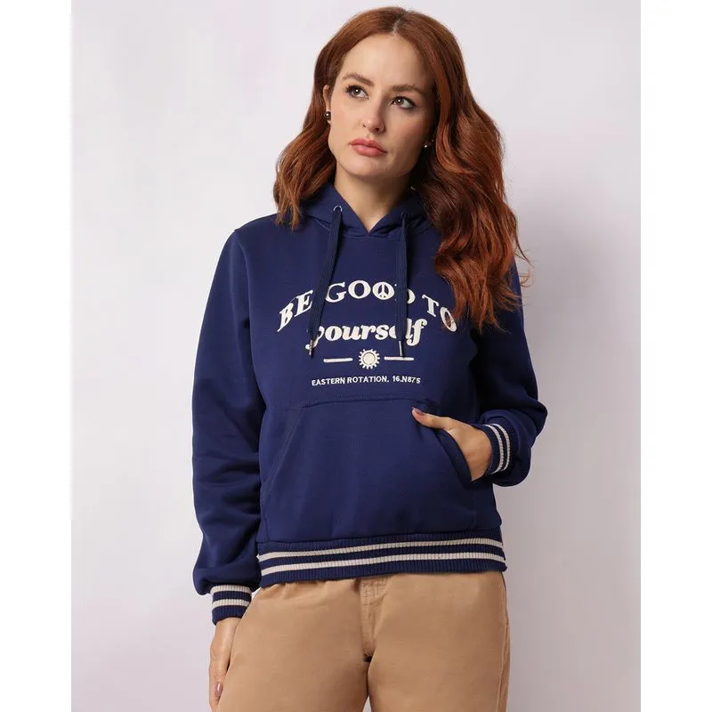 Blusão Moletom Feminino Bordado Com Capuz Azul M