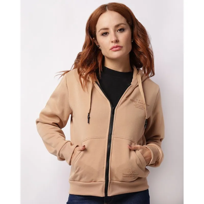 Jaqueta Moletom Feminina Com Capuz E Bolso Estampa Bege M
