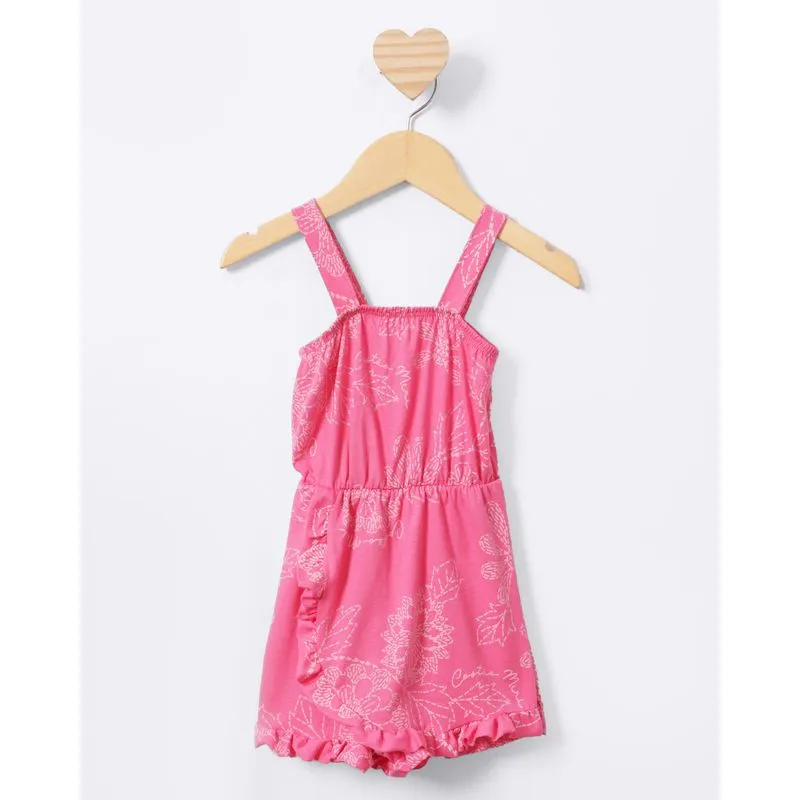 Macaquinho Bebê Curto Sobreposição Saia Estampa Floral Rosa 1