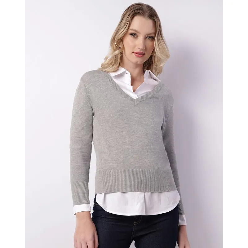 Blusa Feminina Tricô Decote V Cinza M