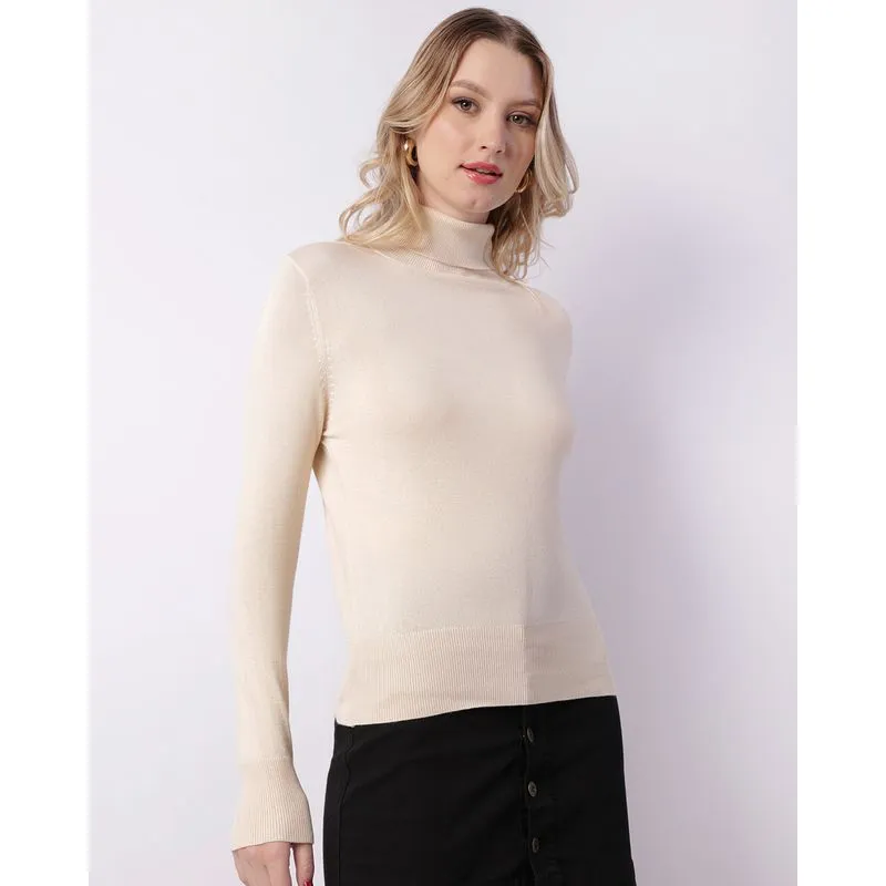 Blusa Feminina Tricô Gola Alta Bege M