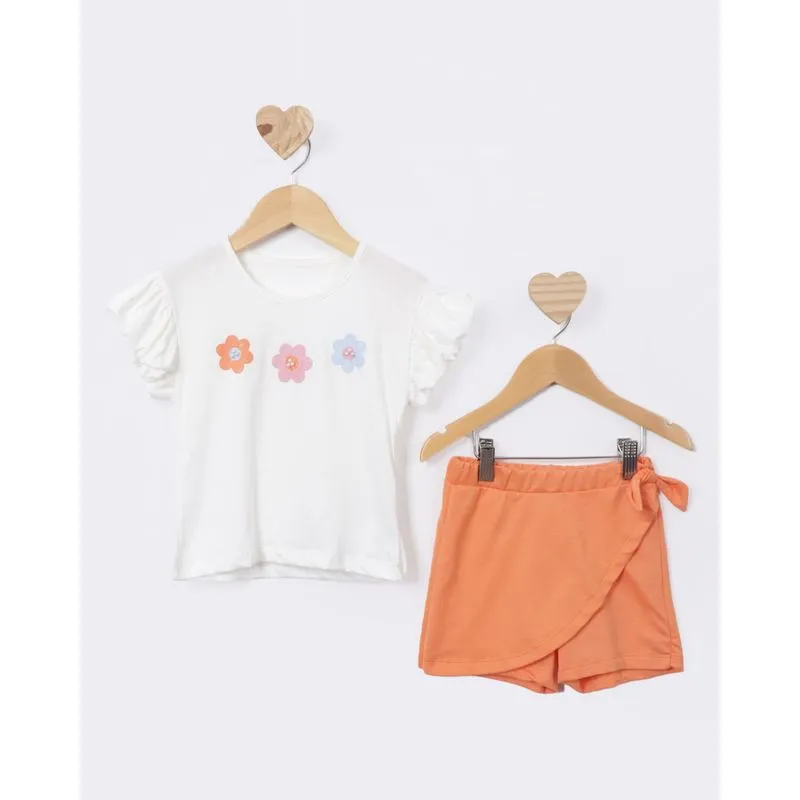 Conjunto Bebê Curto Estampa Flores Com Pérolas Off White 3
