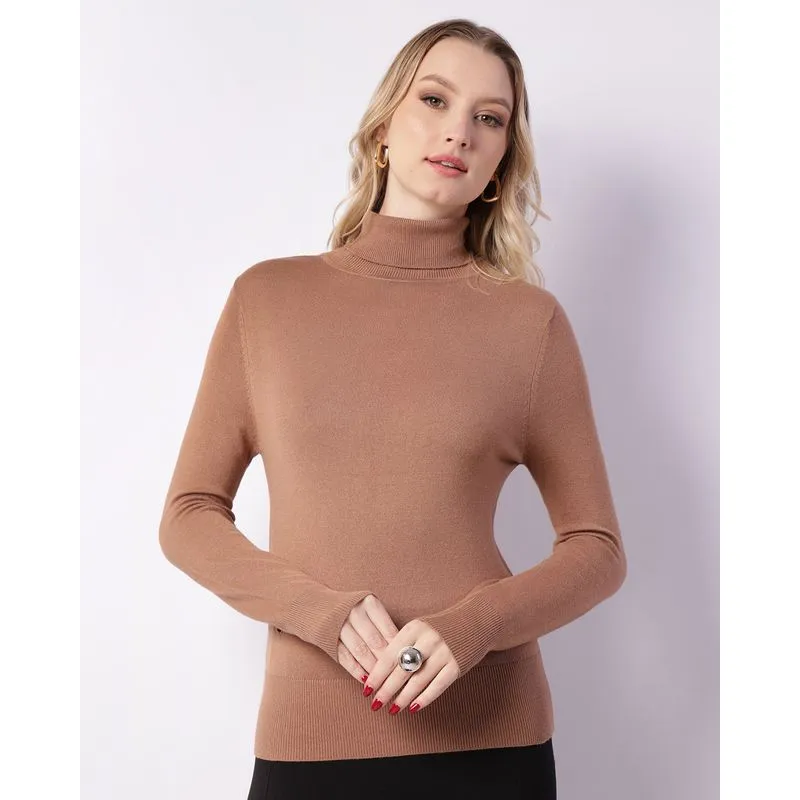 Blusa Feminina Tricô Manga Longa Gola Alta Marrom M