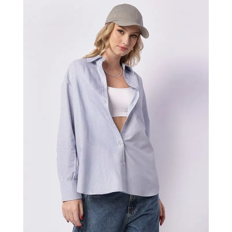 Camisa Feminina Tricoline Oversized Listrada Azul P