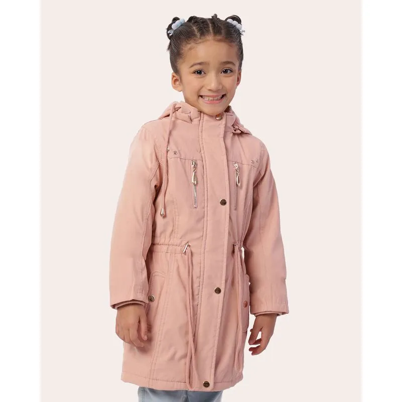 Parka Sarja Infantil Peluciada Com Capuz Removível Rosa 8