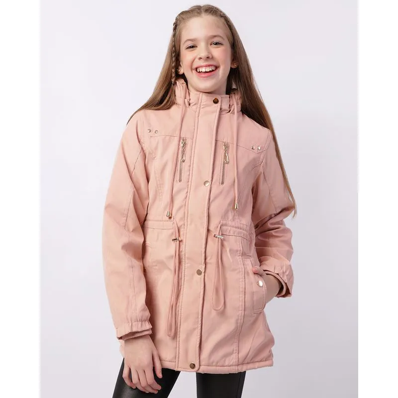 Parka Sarja Juvenil Com Capuz Removível Peluciada Rosa 12