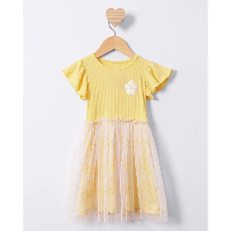 Vestido Bebê Manga Curta Babado Tule Glitter Amarelo 2