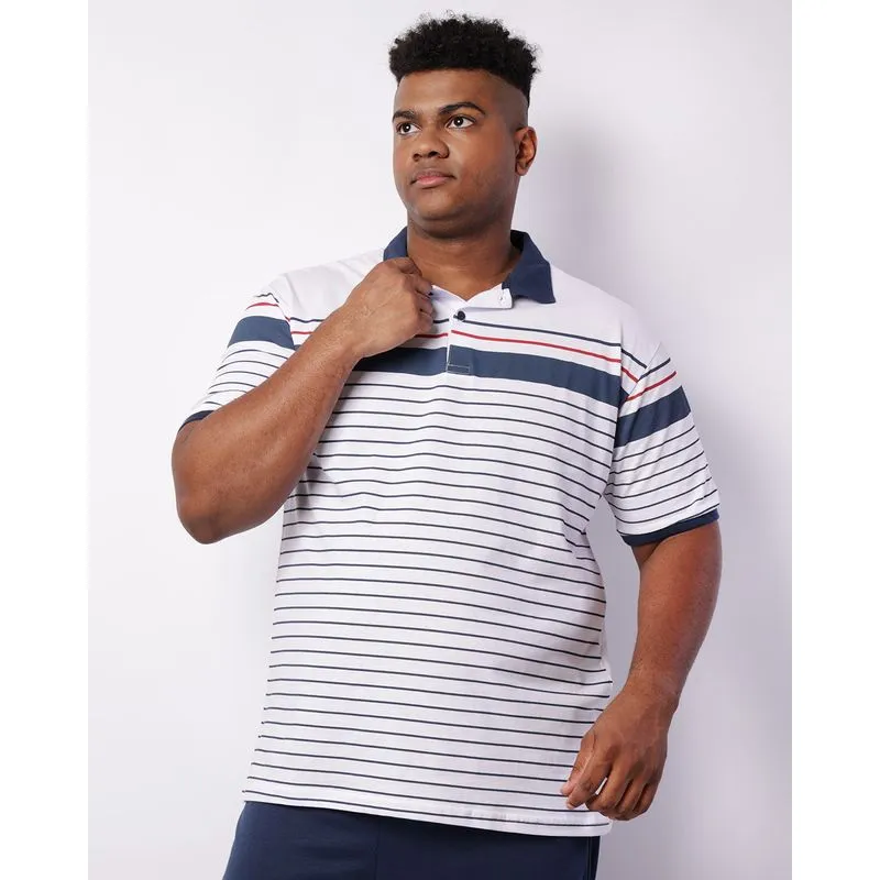 Camisa Polo Plus Size Masculina Listrada Manga Curta Branco G3
