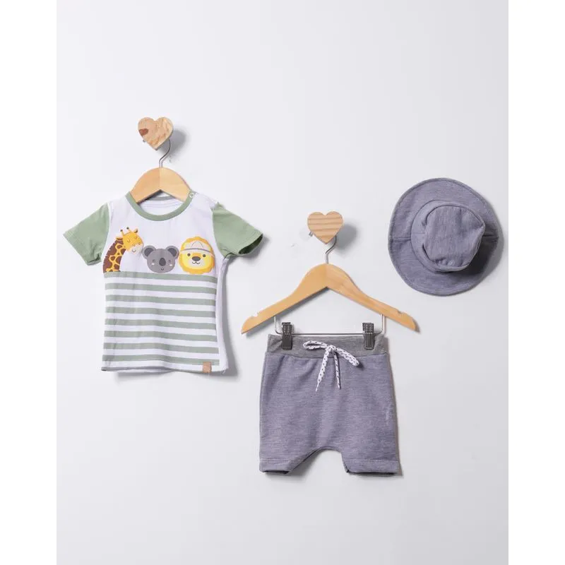 Conjunto Bebê Curto Safari Branco + Chapéu Brinde M