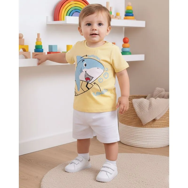 Camiseta Bebê Manga Curta Estampa Interativa Tubarão Amarela M