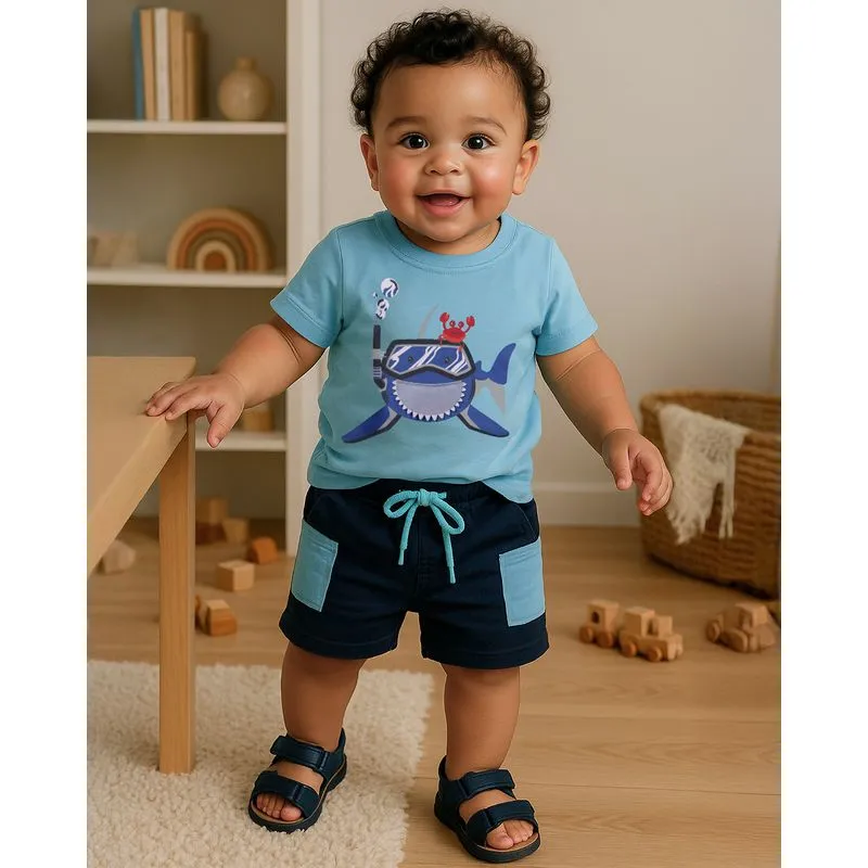 Conjunto Bebê Curto Algodão Estampa Interativa Tubarão Azul M