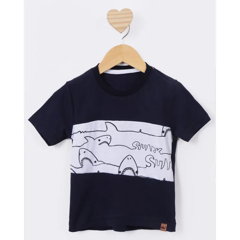 Camiseta Bebê Estampa Tubarão Manga Curta Marinho 1