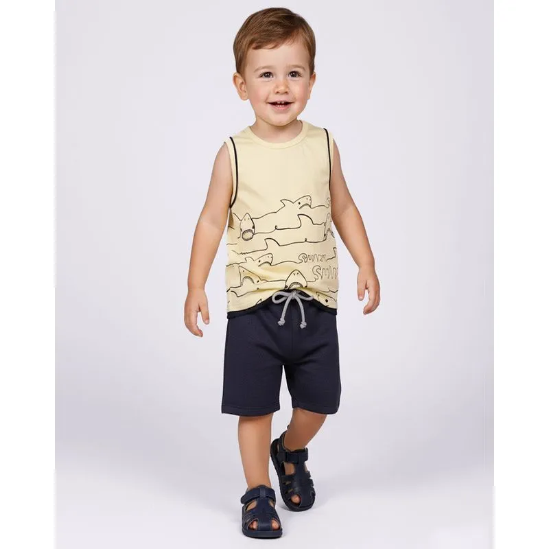 Conjunto Bebê Curto Algodão Estampa Tubarão Amarelo 3