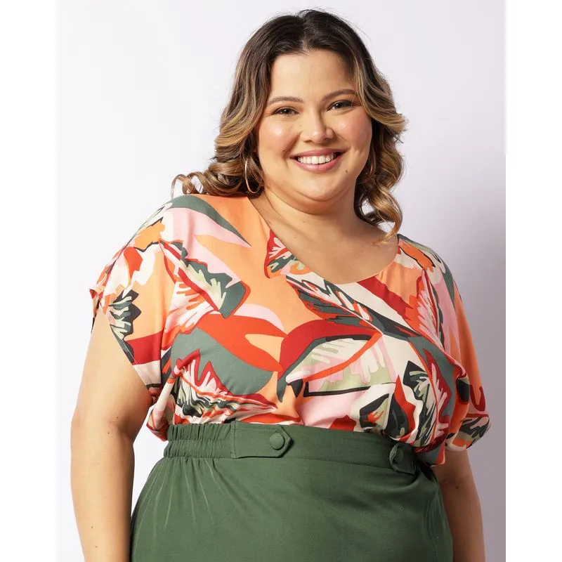 Blusa Plus Size Feminina Berry & Co. Estampa Folhagem Laranja G3