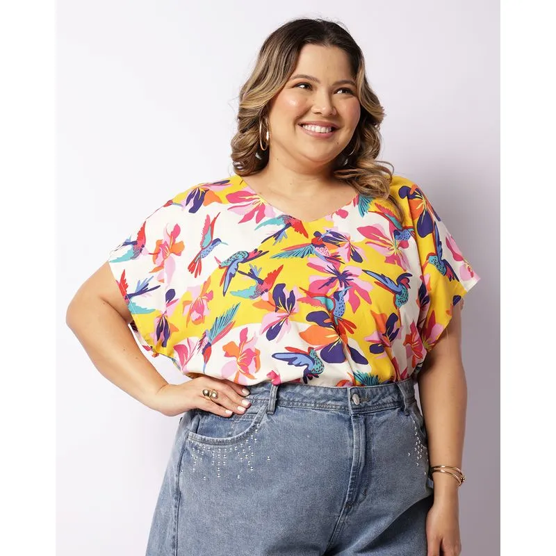Blusa Plus Size Feminina Berry & Co. Estampa Flores Off White G3