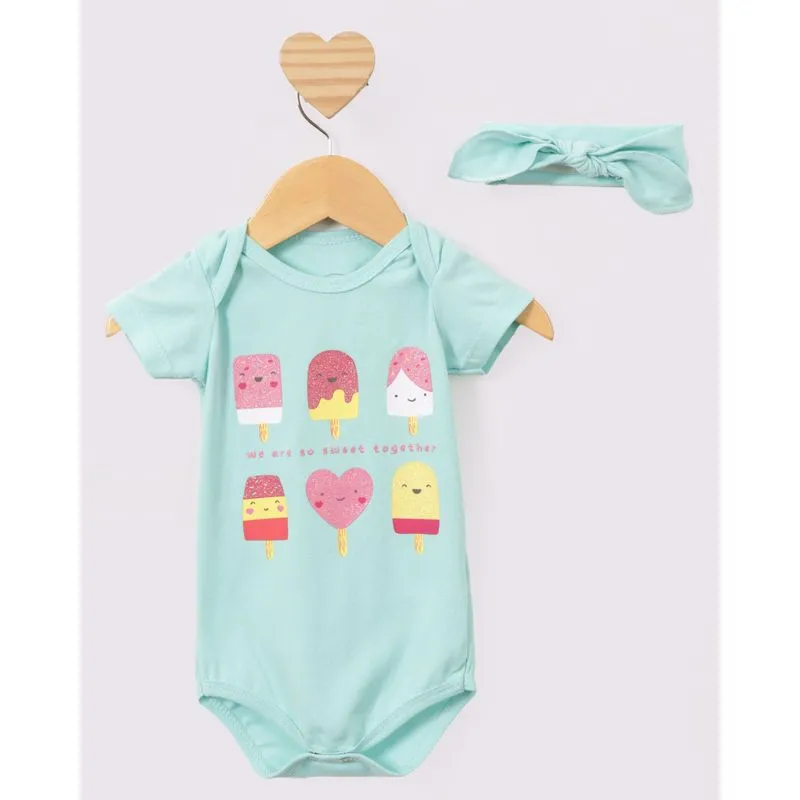 Body Bebê Estampa Sorvete Manga Curta + Brinde Faixa Azul M