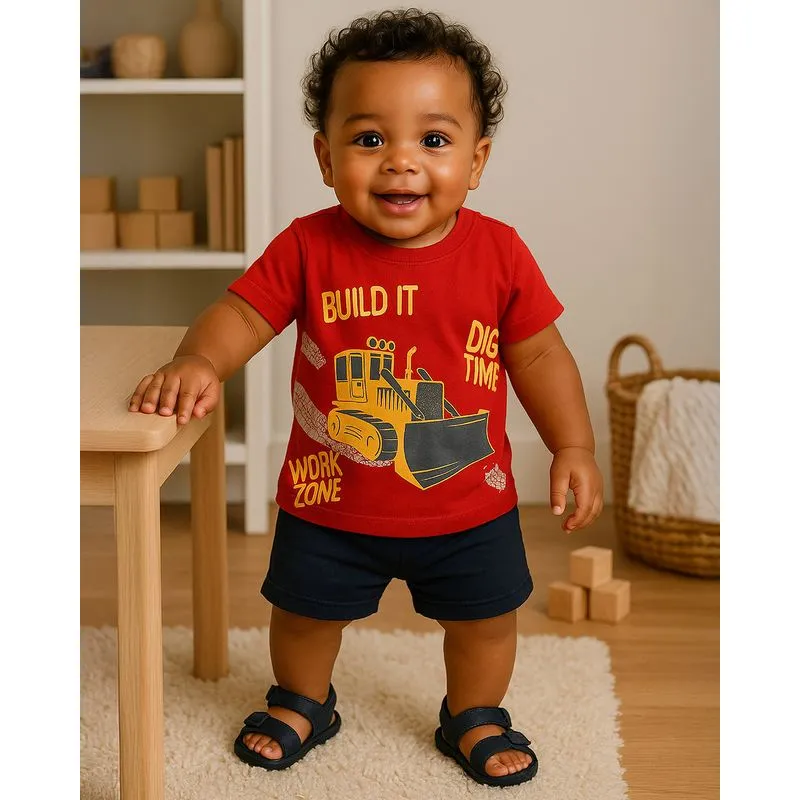 Conjunto Bebê Algodão Curto Estampa Trator Vermelho M