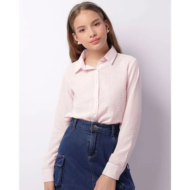 Camisa Juvenil Listrada Manga longa Rosa 14