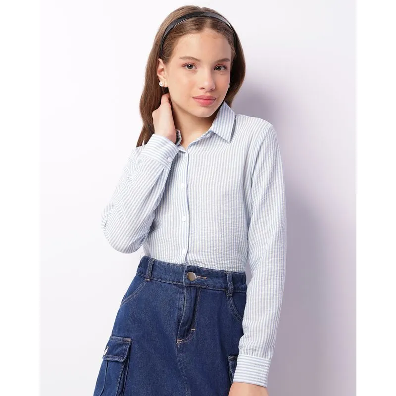 Camisa Juvenil Listrada Manga longa Azul 14