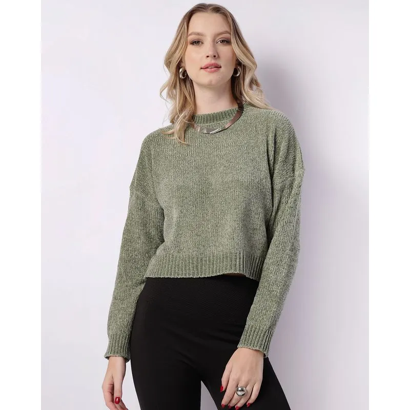 Suéter Feminino Tricô Chenille Texturizado Verde GG