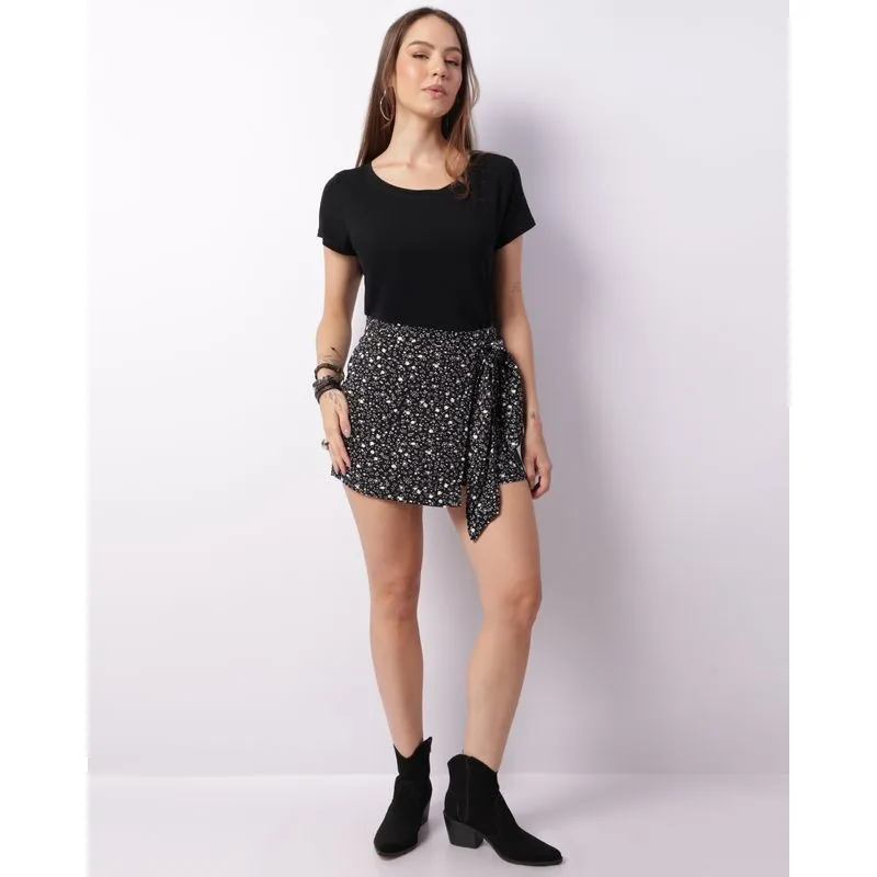 Short Saia Feminino Estampa Floral Preta M