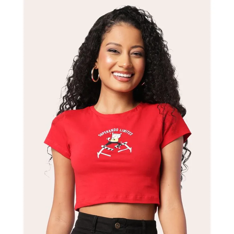 Blusa Feminina Cropped Manga Curta Estampa Frontal Vermelha G